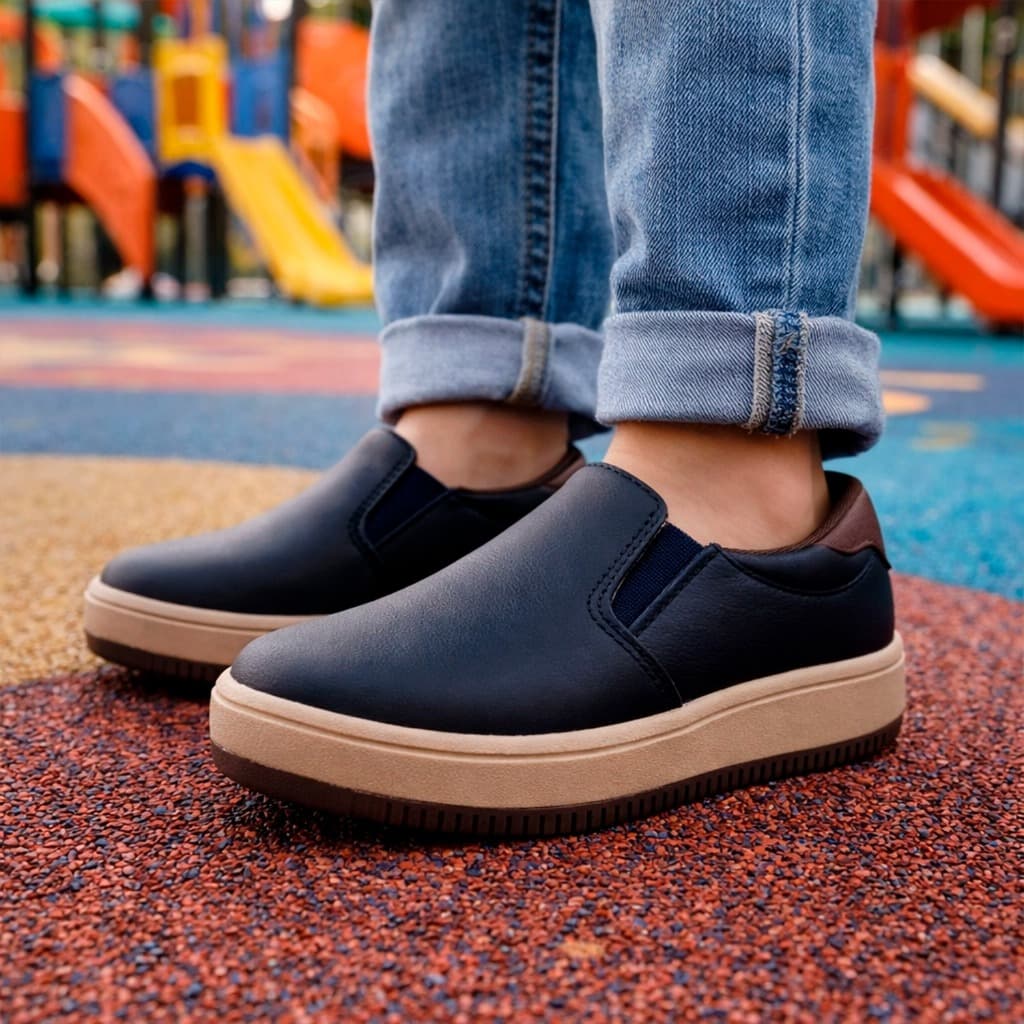 Tênis Lindy Kids Infantil Masculino Casual Calce Fácil Slip On castanho bege Confortável Estiloso