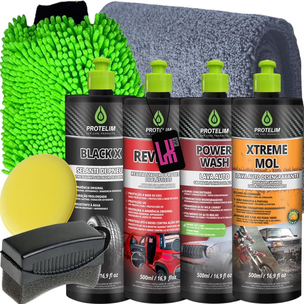 Kit Lavagem Protelim Shampoo Neutro Desengraxante Pre Lavagem Revitalizador Plastico Pneu Pretinho