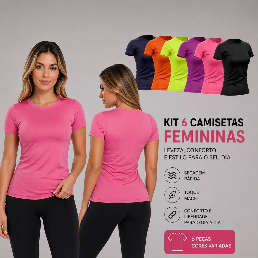 Kit 6 Camisetas Feminina Manga Curta Dry Fit Proteção Solar
