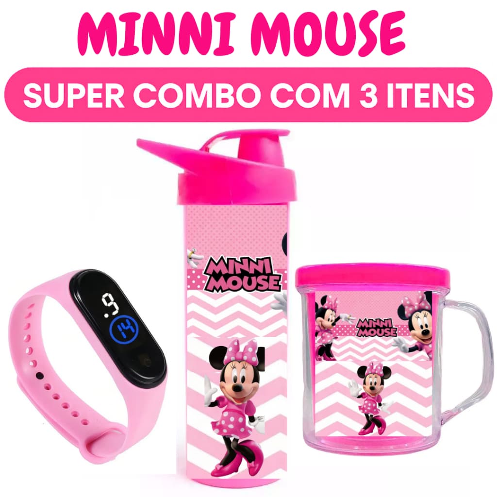 Minnie - Garrafa Copo e Relógio Digital Infantil - Presente Aniversário com Nome da Criança - Full