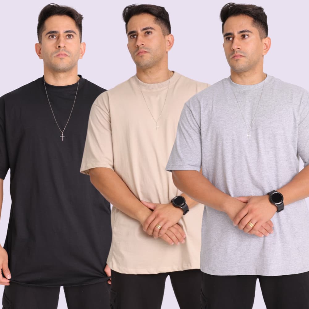 Kit com 3 Camisetas Estilo Oversized Masculina 100% Algodão