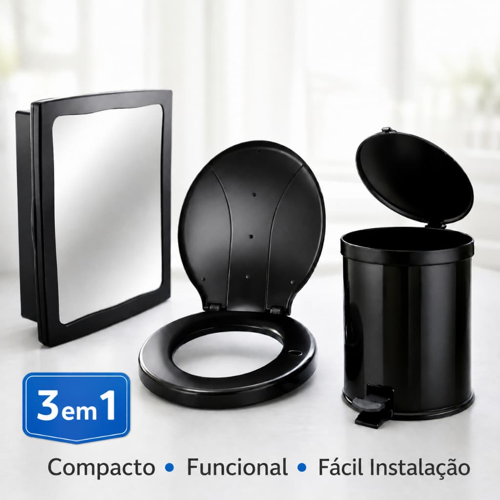 Kit Banheiro Completo 3 em 1 Armário Espelhado Assento Sanitário Universal Lixeira Pedal 9L