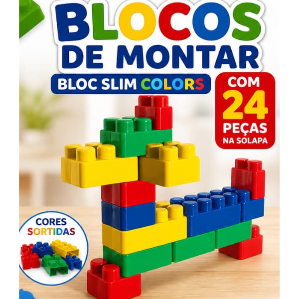 Blocos de Montar Infantil 24 Peças Coloridas | Brinquedo Educativo +3 Anos | Encaixe Criativo e Seguro Inmetro