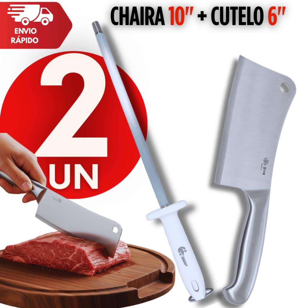 Jogo Cutelo Profissional 6' + Chaira Amolador Estriada 10" Açougueiro Cozinha Frigorifico Utensílios