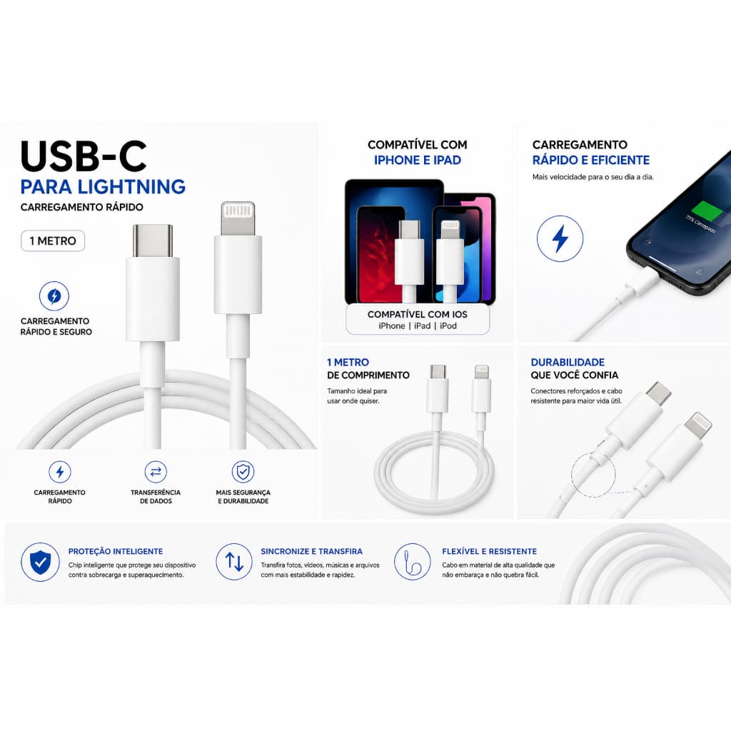 Cabo USB-C para Lightning iPhone 1m Carregamento Rápido iOS