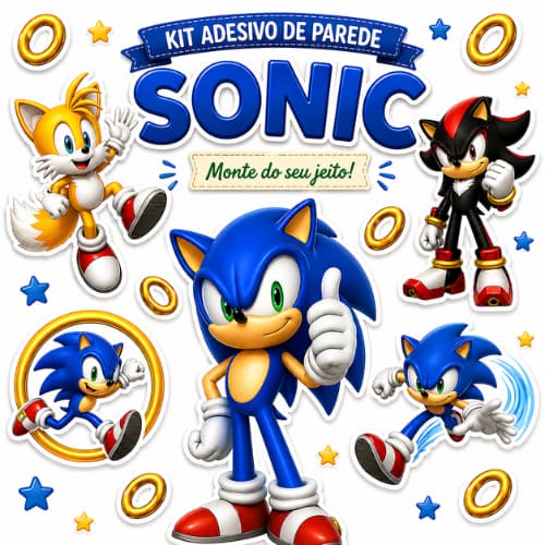 Adesivo de Parede Infantil Sonic Decoração de Quarto Infantil Monte Como Quiser Brincadeira Garantia