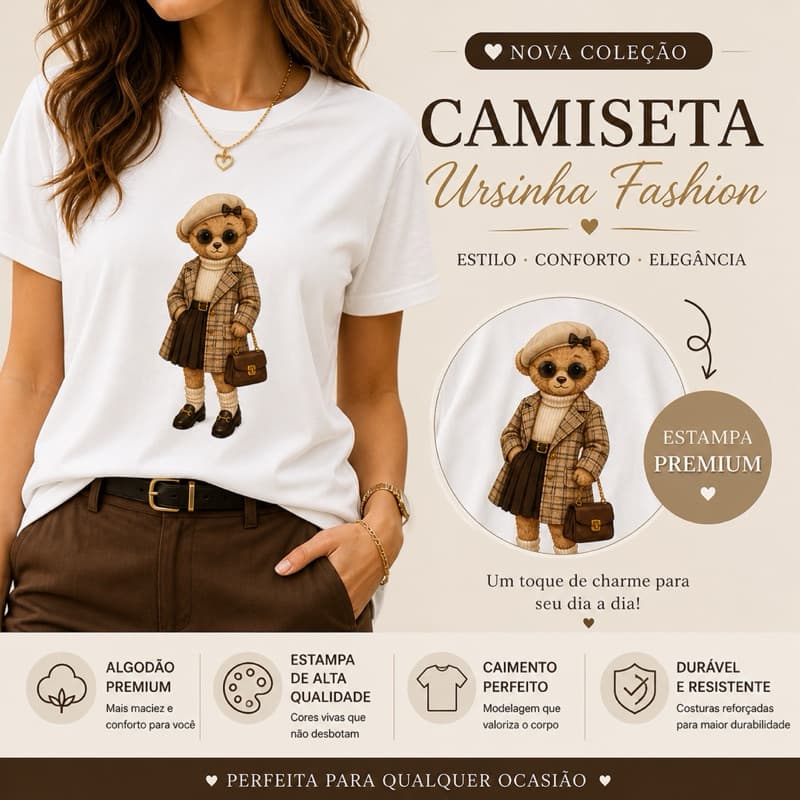Camiseta Feminina Ursinho Coffee Estampa Premium 100% Algodão Casual Moda Tendência 20