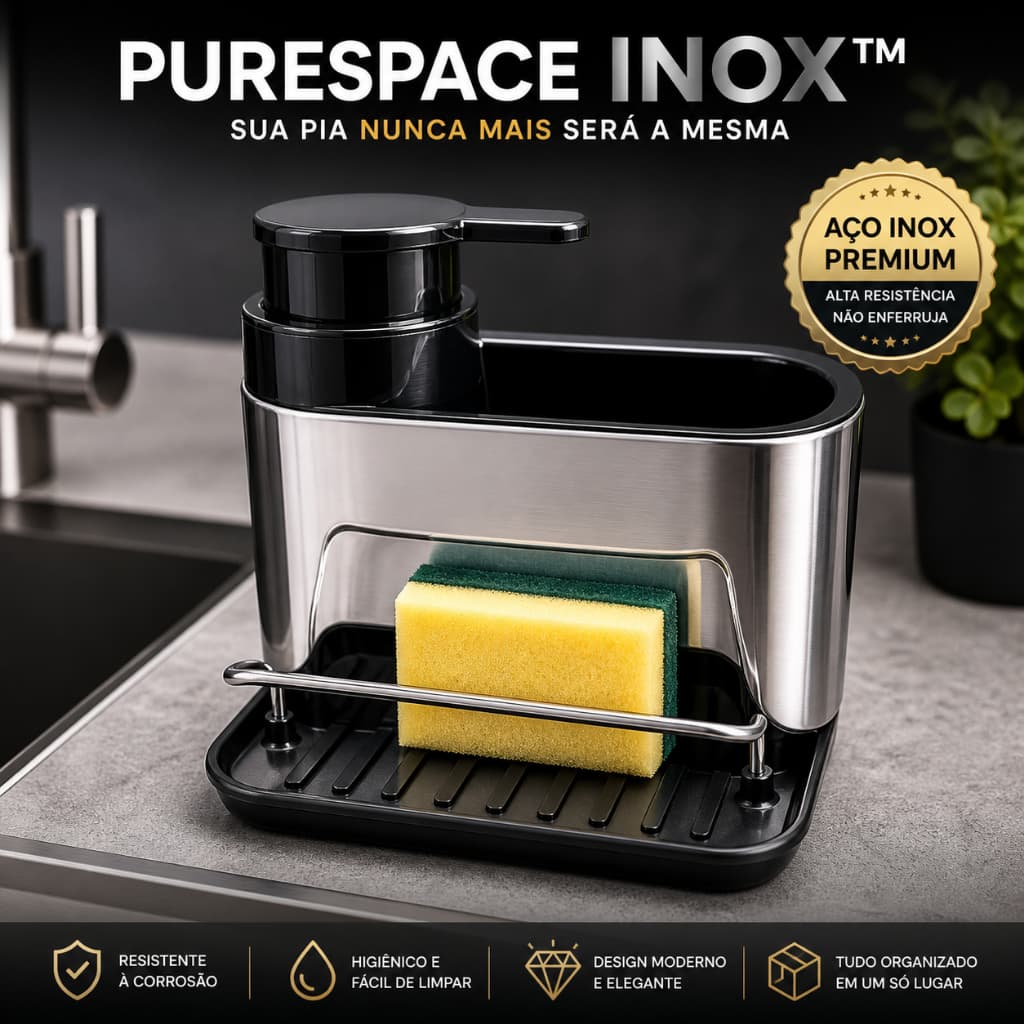 Dispenser Detergente e Suporte Esponja Aço Inox Premium Organizador de Pia Compacto Antiferrugem PureSpace Inox