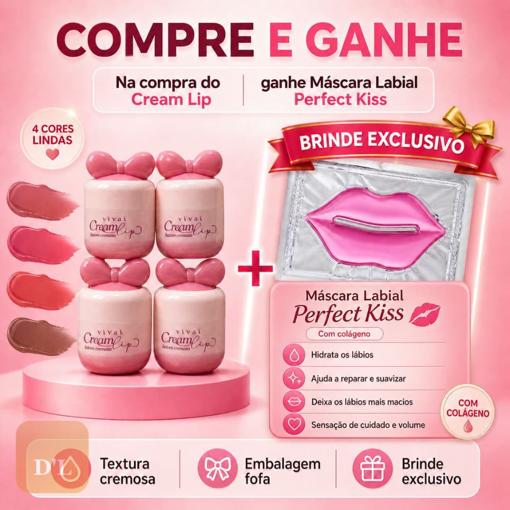 Batom Cremoso Cream Lip Vivai Hidratante 4 Cores + Brinde Máscara Labial Colágeno