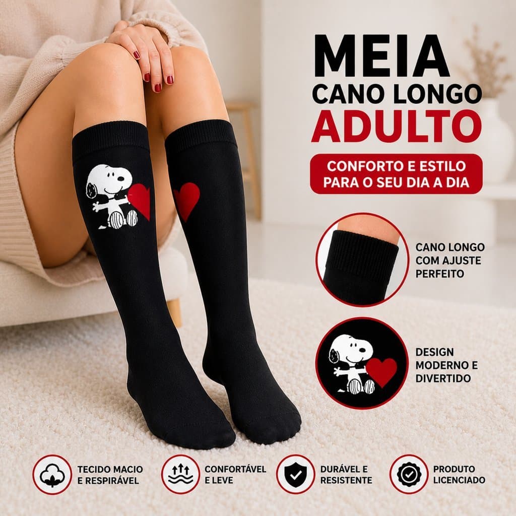 Meia Cano Longo Adulto Personagens Oficiais Turma da Mônica Snoopy Hello Kitty 34-39
