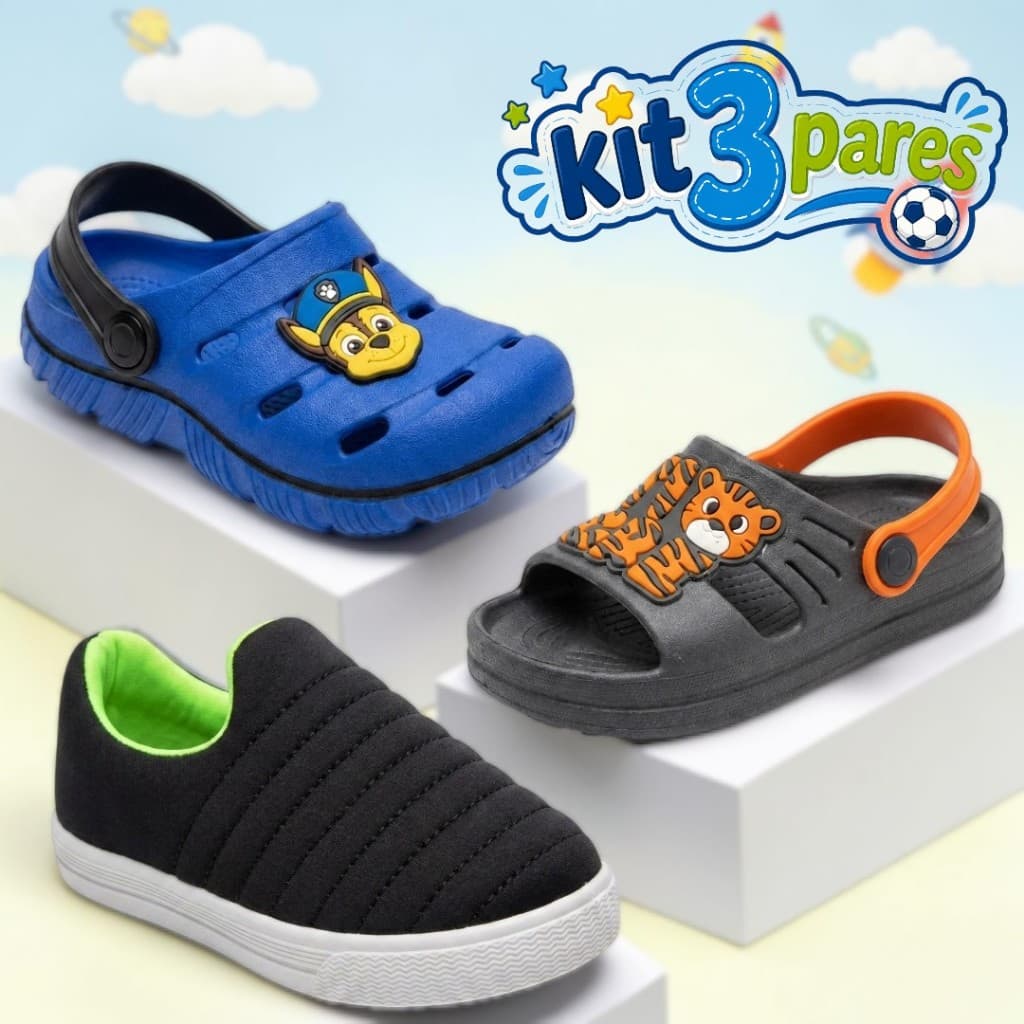 Kit 3 Pares Menino Infantil Babuche + Papete + Tênis Estilo Conforto