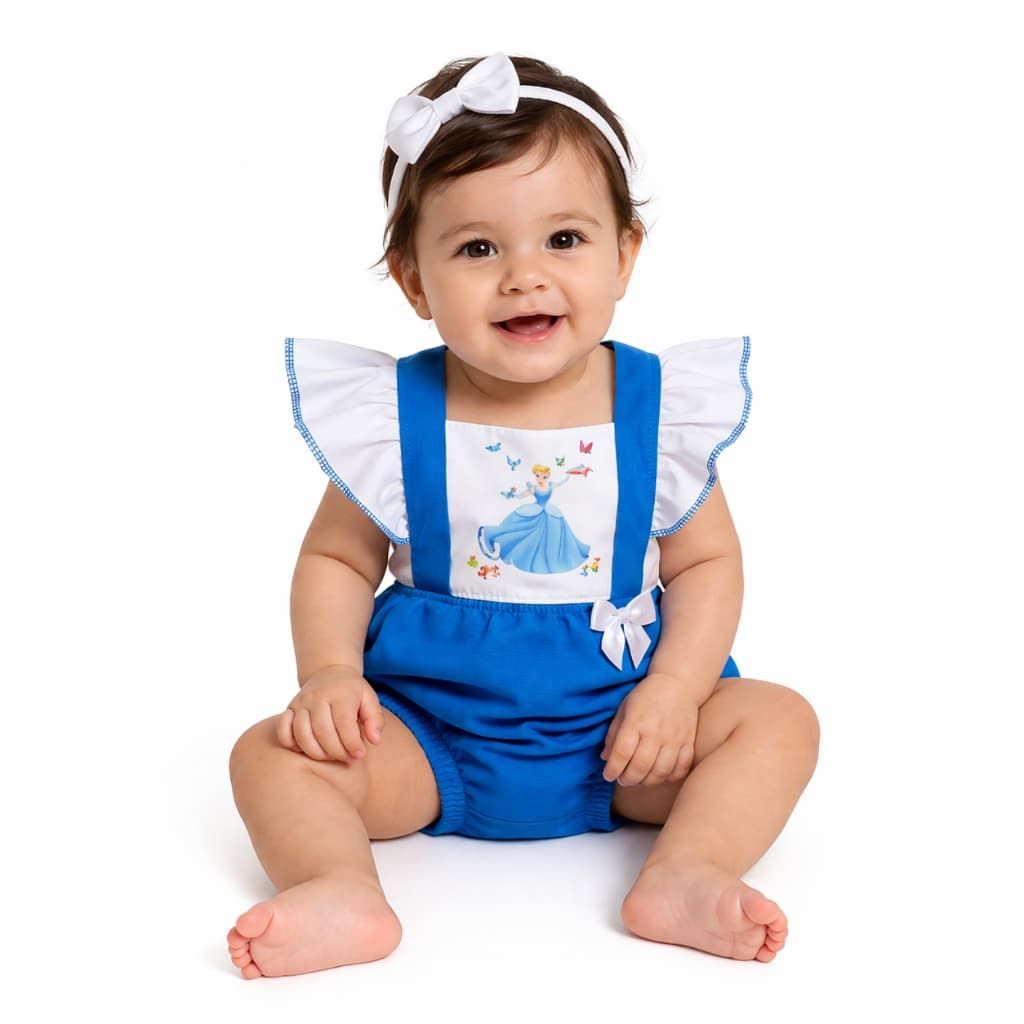 Romper Bebê Menina Fantasia Cinderela Azul Luxo com Laço Roupa Festa 3 a 6 Meses