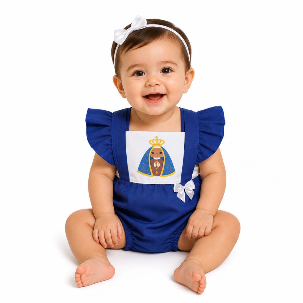 Romper Bebê Menina Nossa Senhora Aparecida Azul Luxo com Laço Delicado