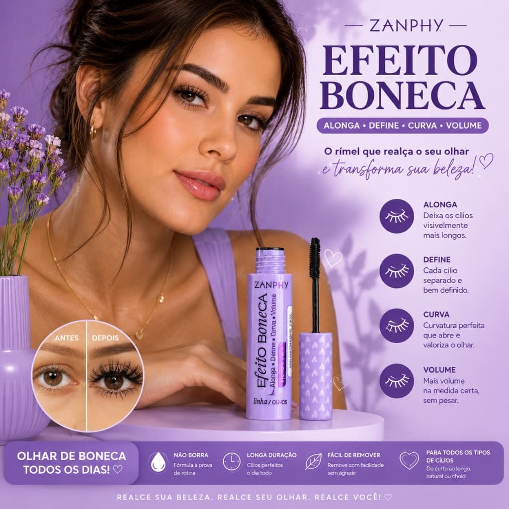Mascara de Cílios Efeito Boneca Peel Off 4 em 1 Alongamento Volume Carbon Black Zanphy Preto
