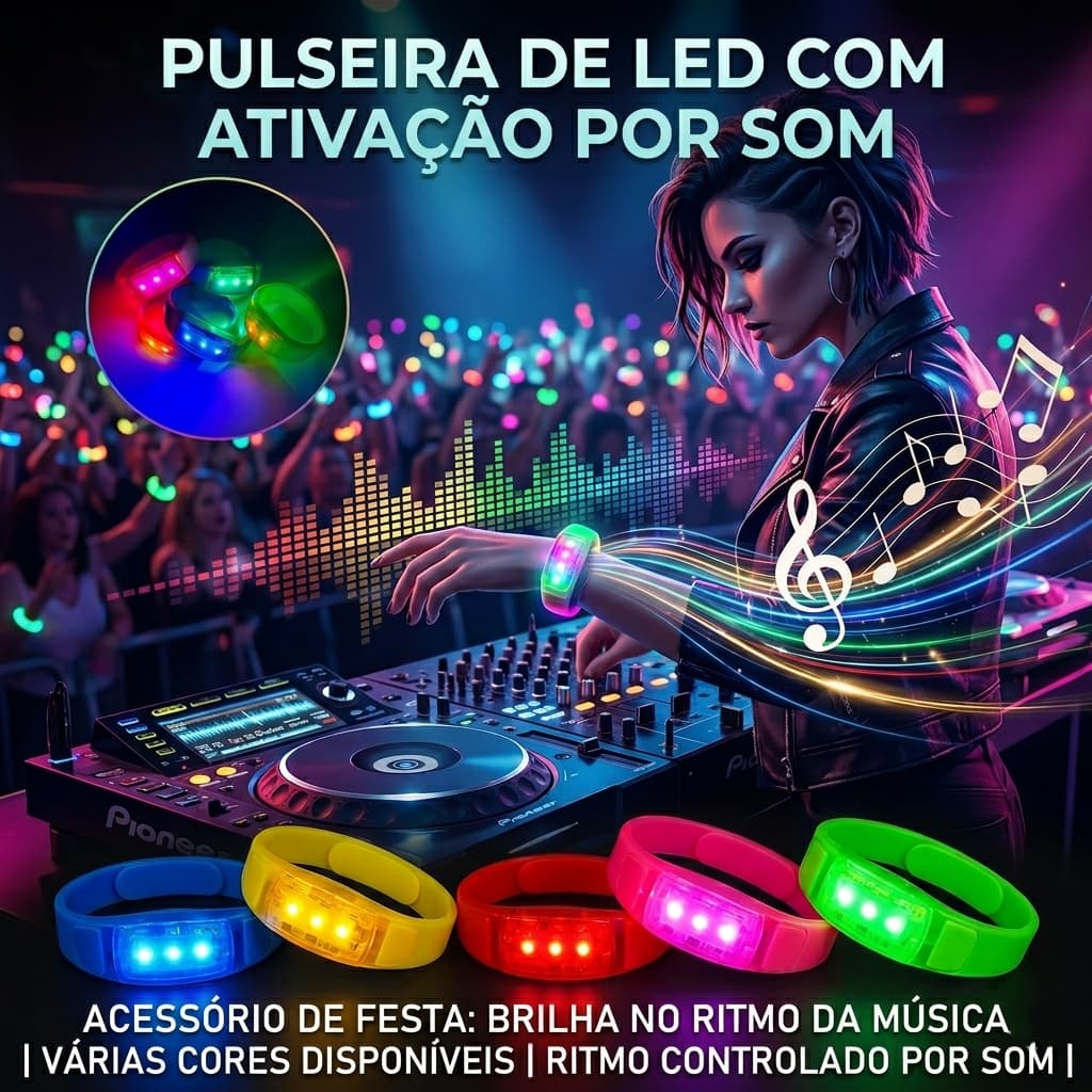 Kit 10/20/30/50 Pulseiras LED que Piscam com Música Festa Casamento Show Balada Alta Sensibilidade Efeito Neon