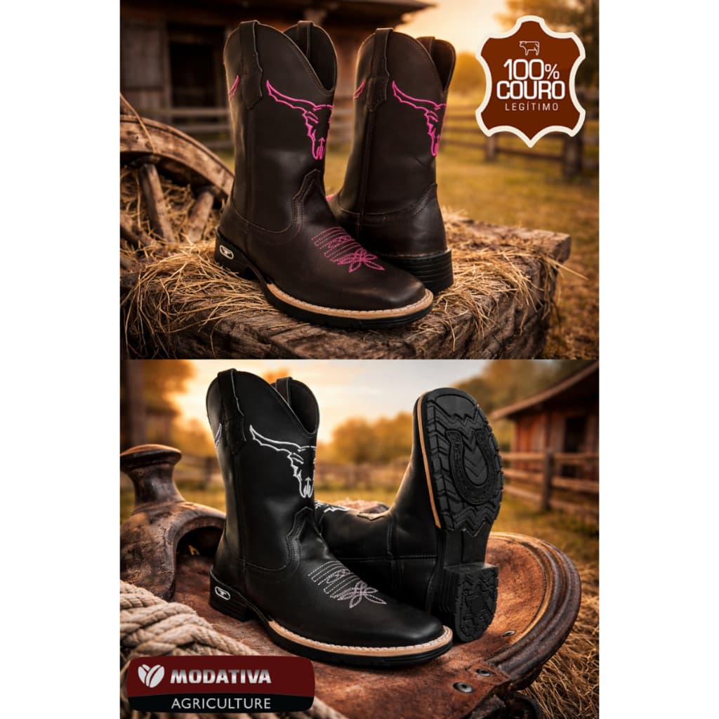 Bota Country Texana Couro Cano Longo Bico Quadrado Rodeio Montaria Vaquejada Masculina e Feminina