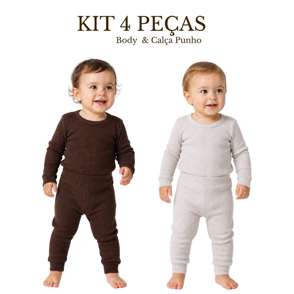 Kit 4 Peças - Body e Calça Punho Canelado Mijão Pagão Roupa Para Bebe Menino Conforto Qualidade