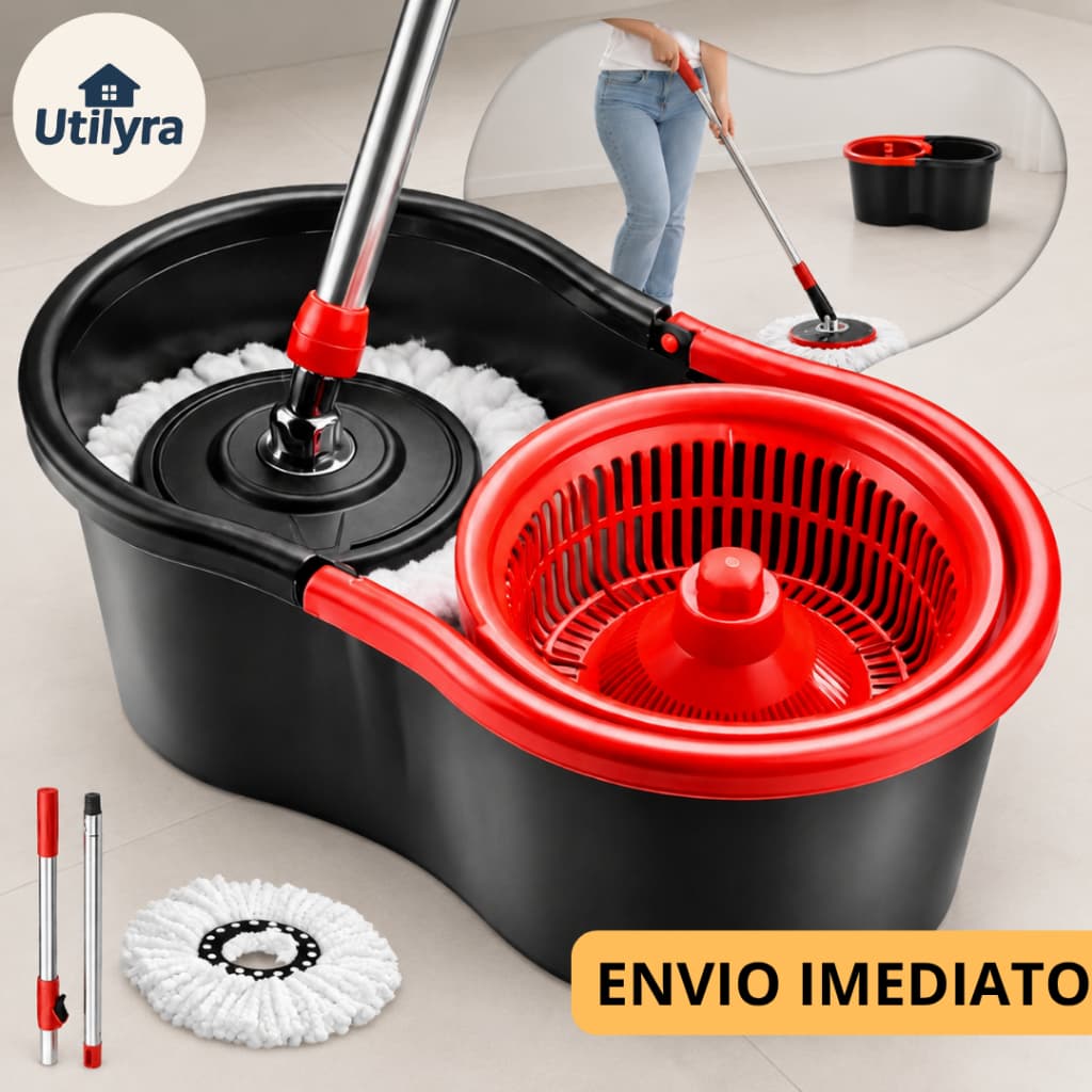 Mop Giratório Plástico 360° com Refil Incluso ou Avulso Balde 8 Litros e Cesto Cabo de 120 cm