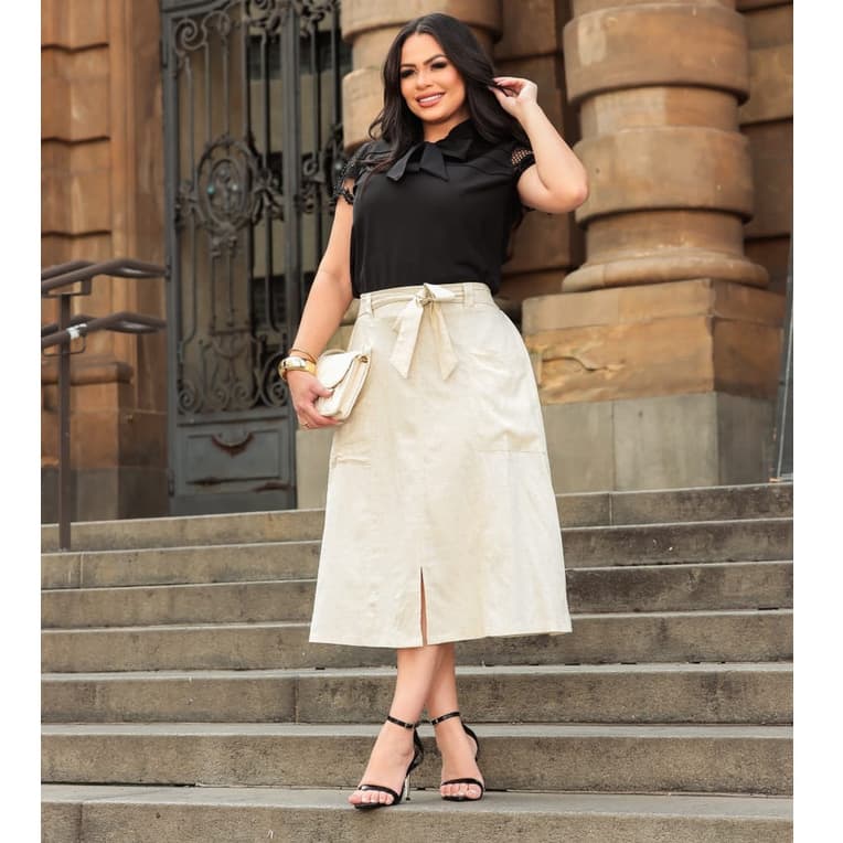 Saia Linho Evase Moda Evangelica Modesta De Lacinho