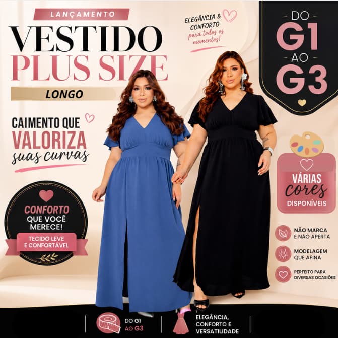 Vestido Yasmin Longo  Plus Size Fenda Lateral Feminino Decote V