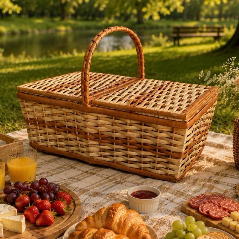 Cesta de Piquenique De Vime NATURAL Acabamento Premium Durável Artesanal