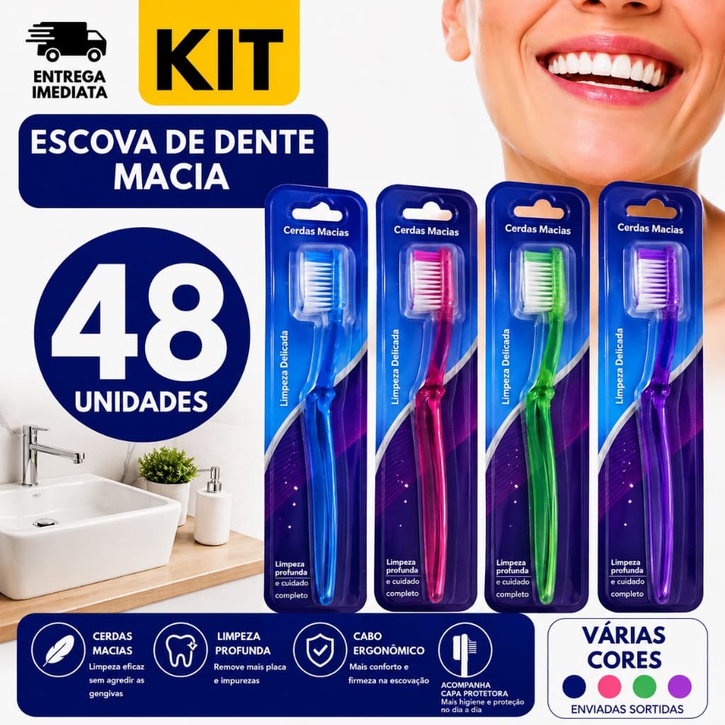 CONJUNTO DE ESCOVAS DE DENTE MACIA 48/36/24/12 UNIDADES IDEAL PARA ESCOLA HOTEL DENTISTA E USO DIARIO  RESISTENCIA