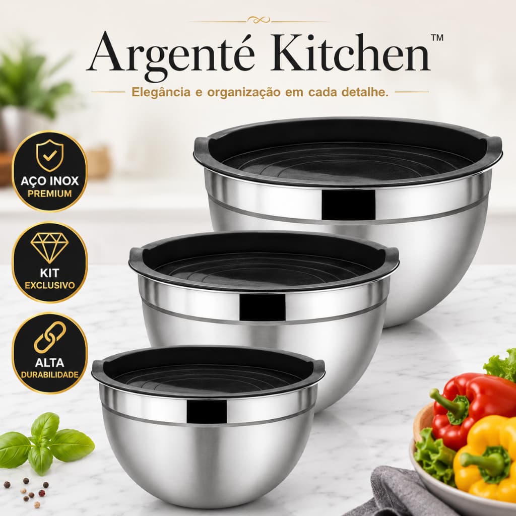 Tigela Bowl Pote Inox Tampa Silicone Saladeira Confeitaria Kit C/ 3 Unidades