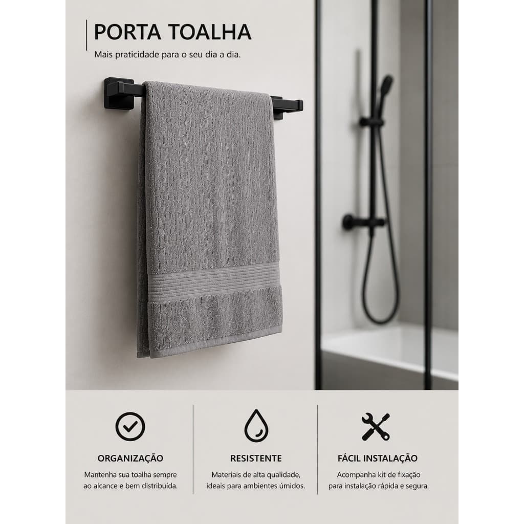 Porta Toalha Parede Preto Arthi 3008 Adesivo 3M Sem Furar Banheiro Lavabo
