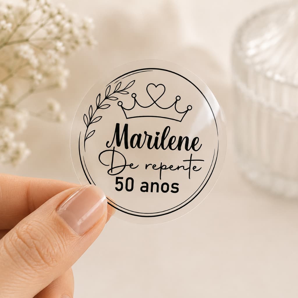Adesivo Transparente Aniversário Feminino 4cm Personalizado Mulher 50,40,30,60 Anos Lembrancinha Elegante Redondo