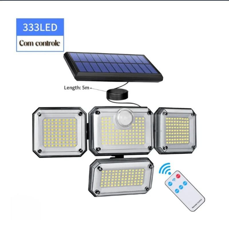 Refletor Solar 4 cabeças com controle 333 Led com Sensor de Movimento
