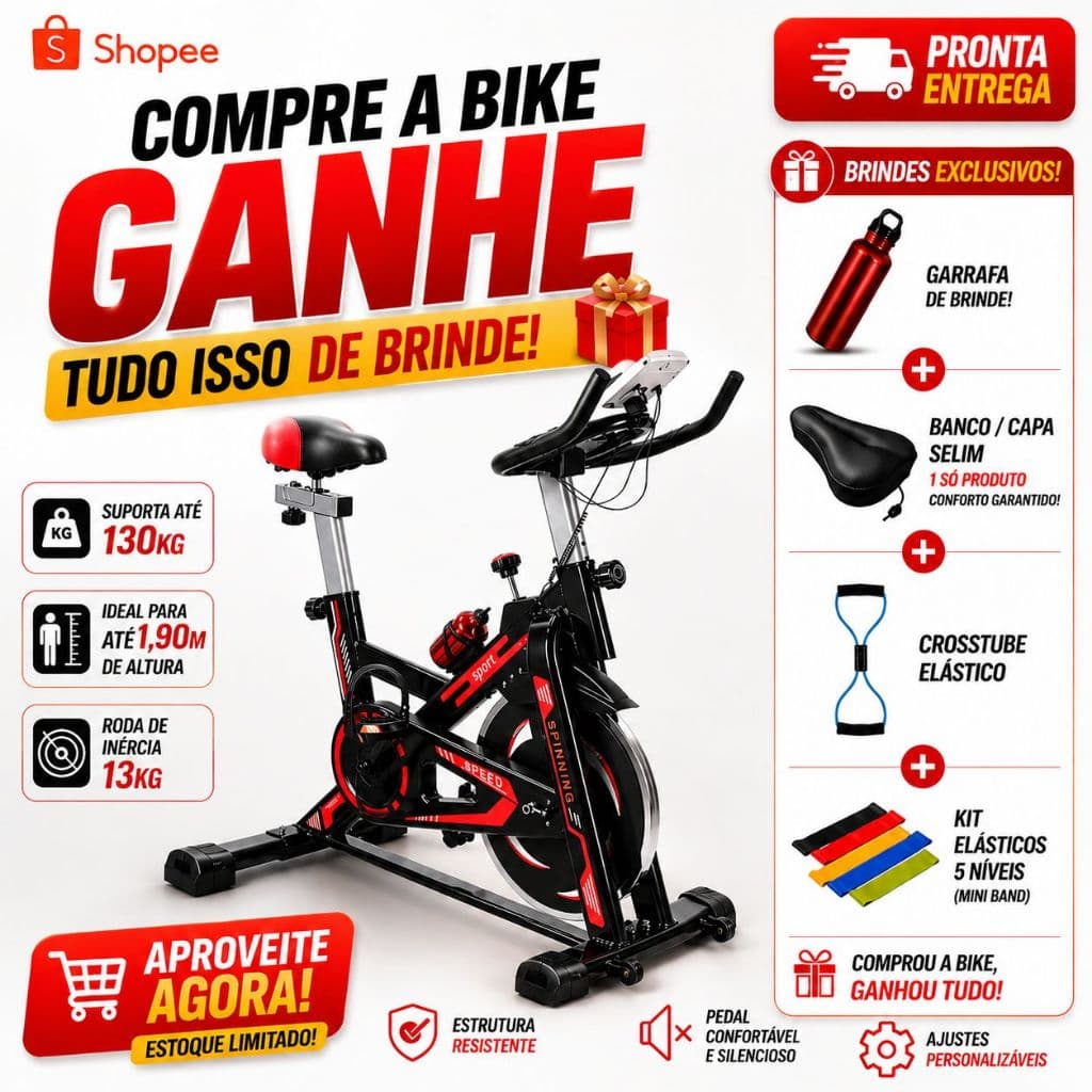Bicicleta Bike Ergométrica Spinning Academia  Fitness Profissional Monitor até 130kg 1.95m + brindes