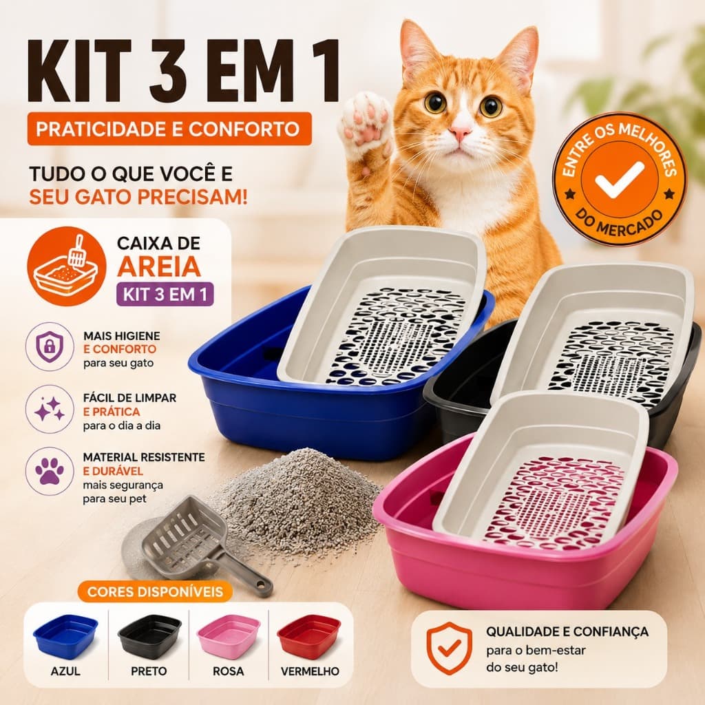 Caixa Areia Furba Gatos 1 Peneira e 2 Caixas Mec pet