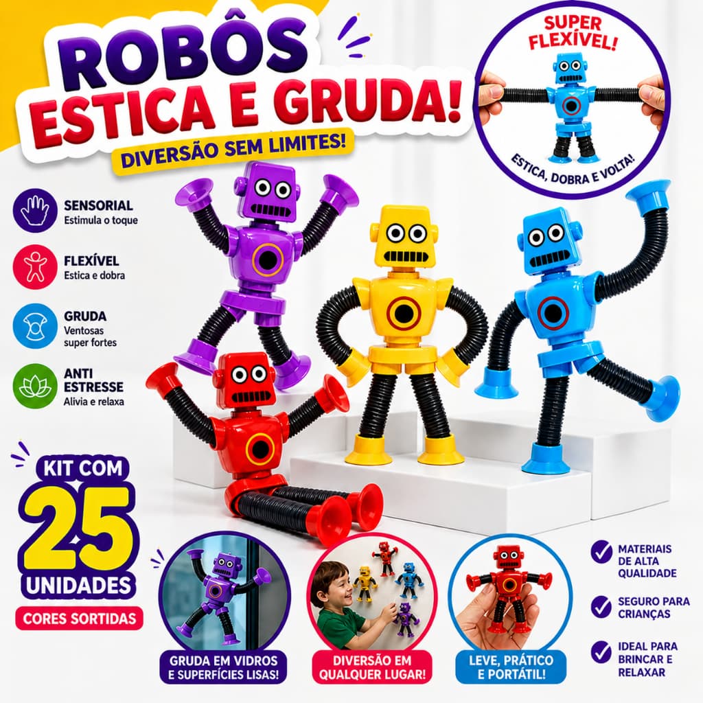 Kit 25 Robô Pop It Led Estica Puxa Gruda Ventosa Tubo