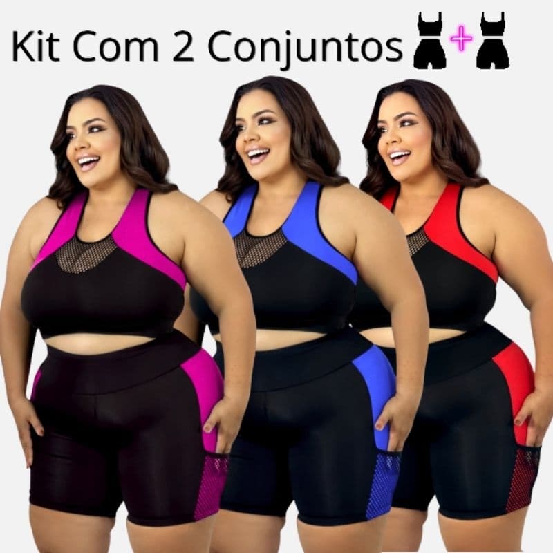 Kit 2 Conjunto Fitness Plus Size Feminino Top + Short Cintura Alta Comprensão Tecido Grosso Academia