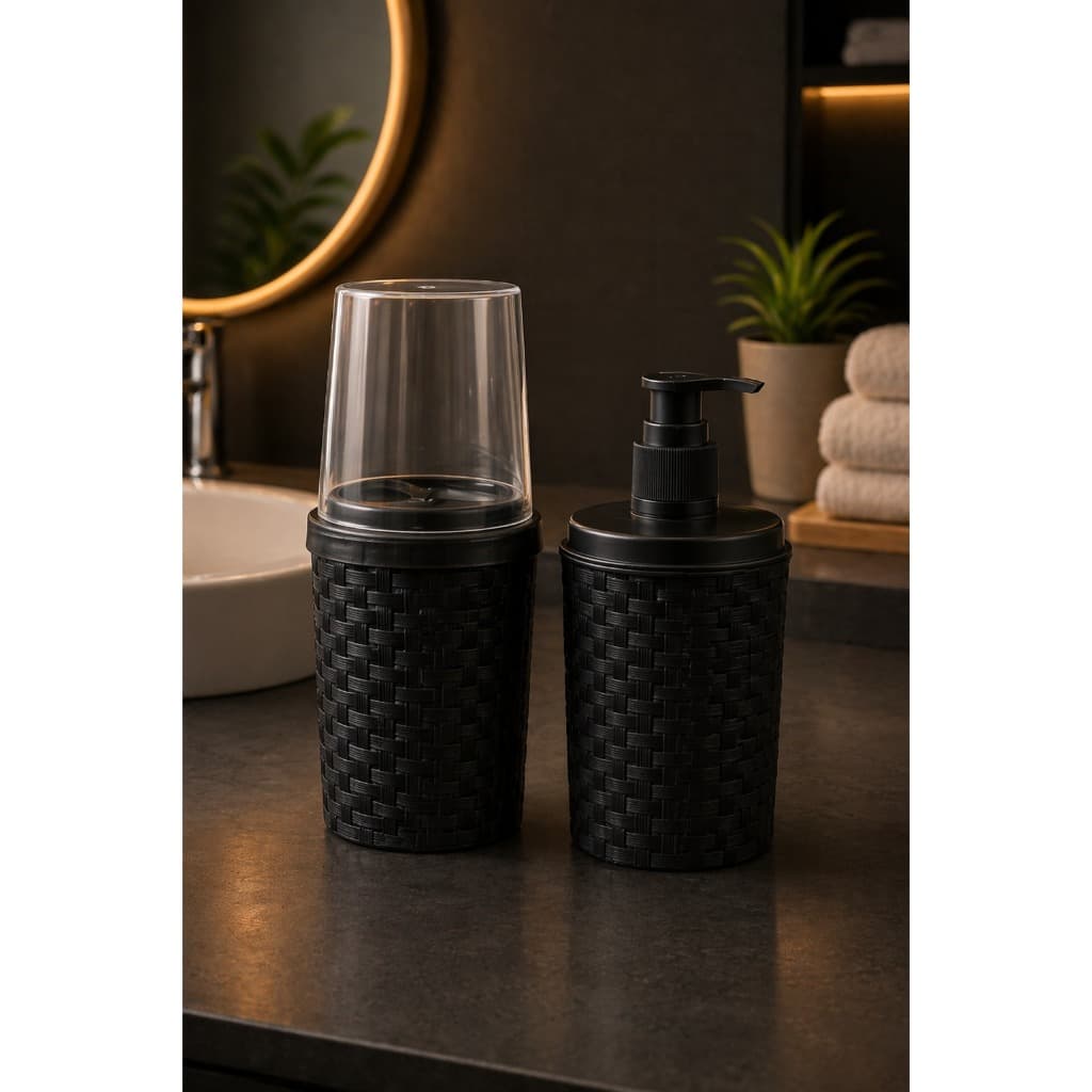 Kit Banheiro Porta Sabonete Líquido-Escova De Dente - 2 Peças Preto