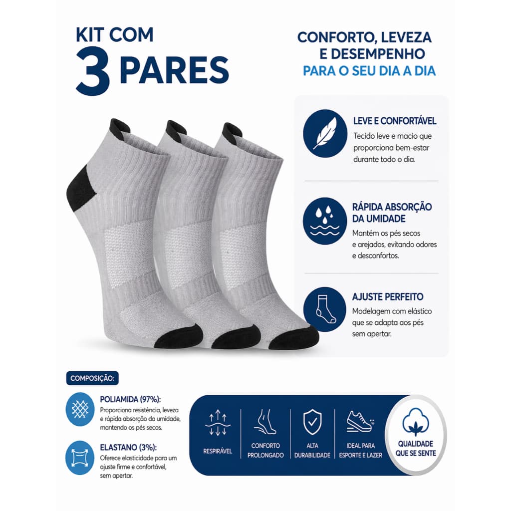 Kit 3 Meias Unissex em Poliamida Running Treino Fitness Performance