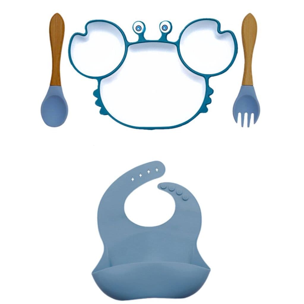Kit Alimentação Bebê Baby Prato Caranguejo Talheres Babador Educativo Com Ventosa Silicone Livre BPA