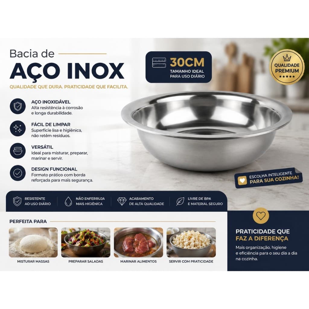 Bacia de Aço Inox 30cm Multiuso Premium | Tigela Resistente para Cozinha, Saladas, Massas, Carnes