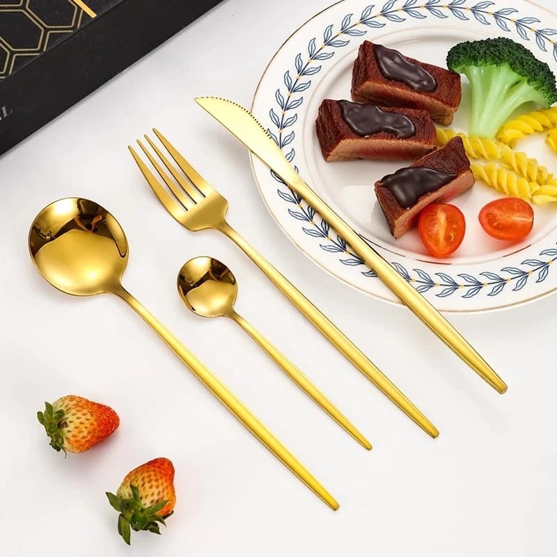 Talheres 24 Pecas Dourado Inox Faqueiro Luxo Jantar Mesa Posta Presente Restaurante Premium