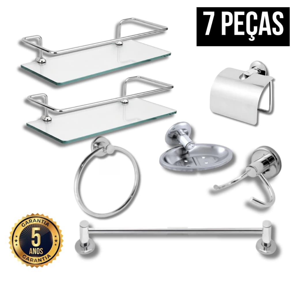 Kit Acessorios Para Banheiro Aco Inox 5 Pecas + 2 Porta Shampoo Prateleira Vidro Reto Cromado