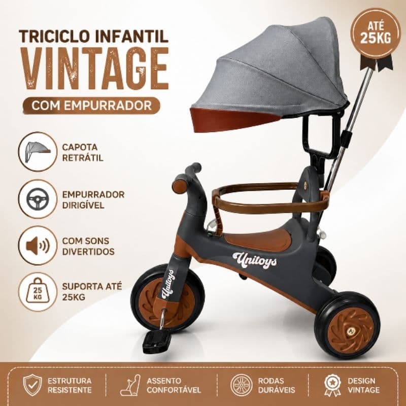 Triciclo Infantil Vintage com Empurrador Dirigível Cinza Sons Capota Retrátil ate 25 Kg