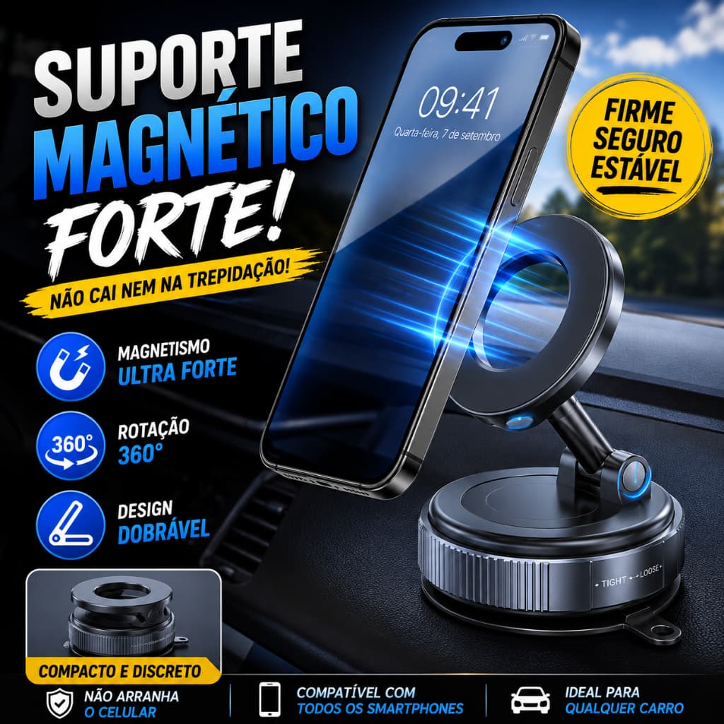 Suporte Magnético 360° para Celular–Forte Dobrável Ajustável Ventosa a Vácuo, Carro e Mesa Universal