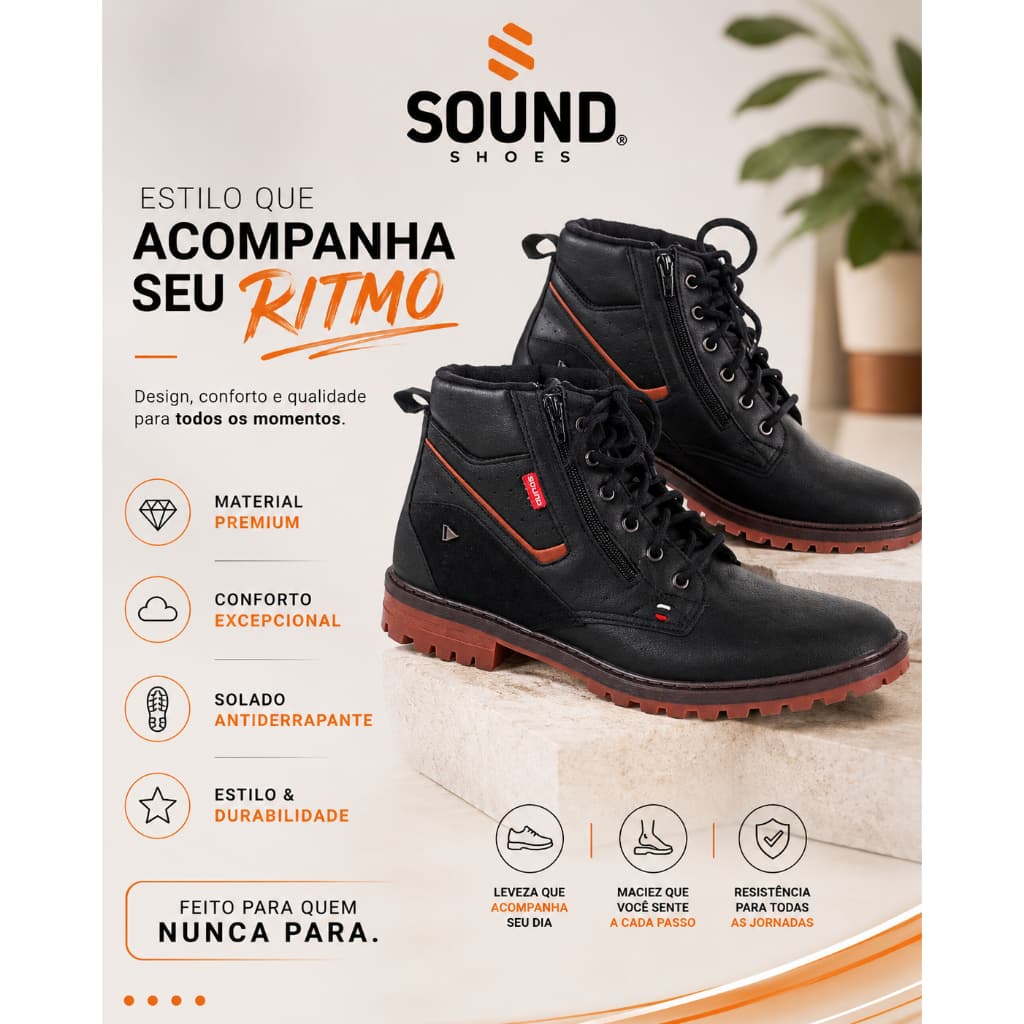 Bota Masculina Souns Shoes Zíper Lateral Cadarço Clace Fácil - Preto