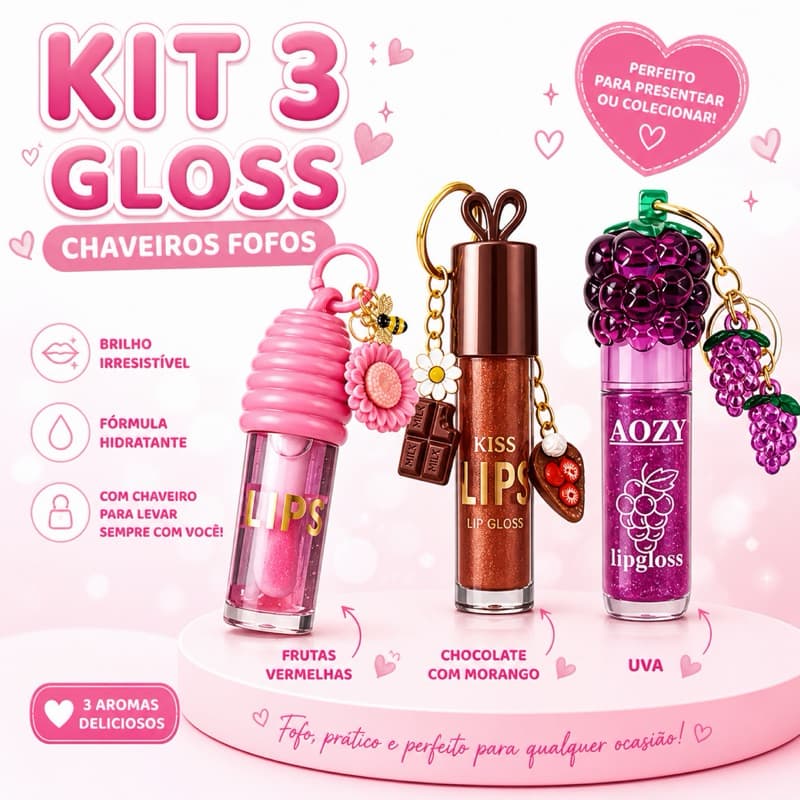 Kit Gloss Chaveiro 3 Unidades Aromas Doces Brilho Espelhado Maquiagem Feminina