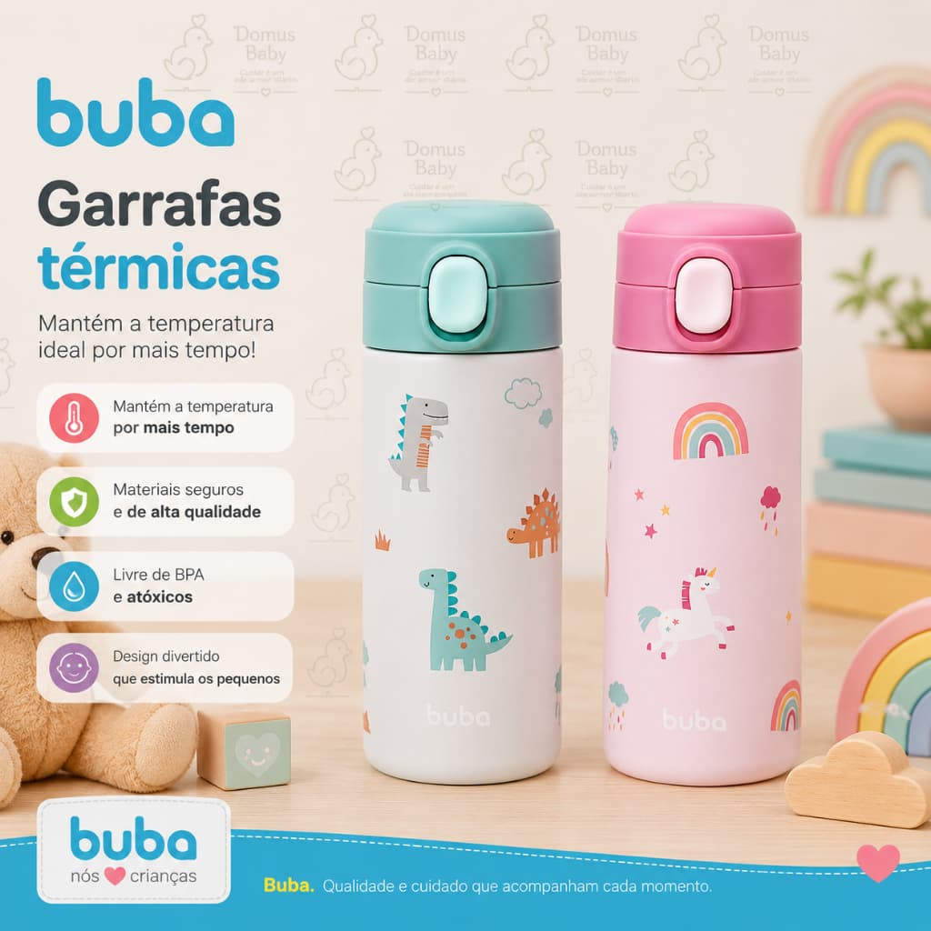 Garrafa Térmica Parede Dupla  e Canudo Magic Buba Original