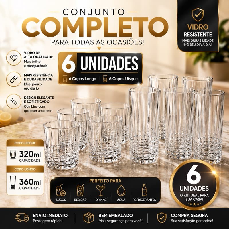 Kit Jogo 6 Copos de Vidro Grande ou Baixo 360ml 320ml Reforçado Resistente Design Moderno Elegante