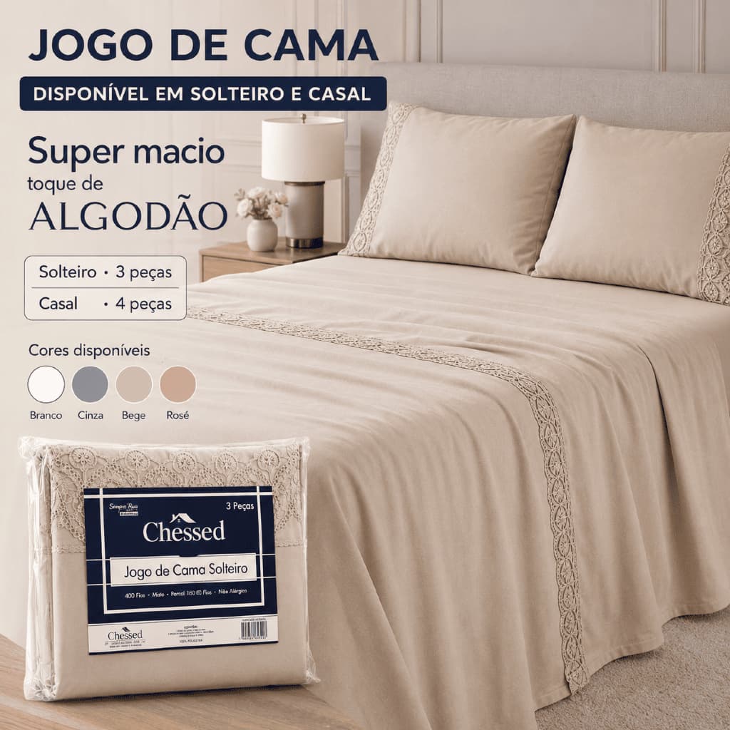 Jogo de Lençol Solteiro ou Casal 400 Fios 3 ou 4 Peças Bordado Ingles Luxo Macio e Elegante