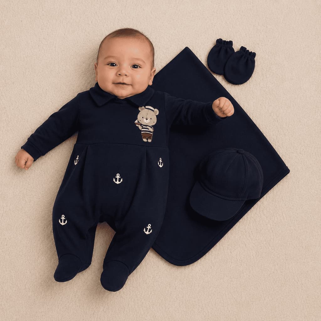 Saída Maternidade de Menino Marinheiro Azul Marinho e Branco 4 peças Roupas Para Bebê