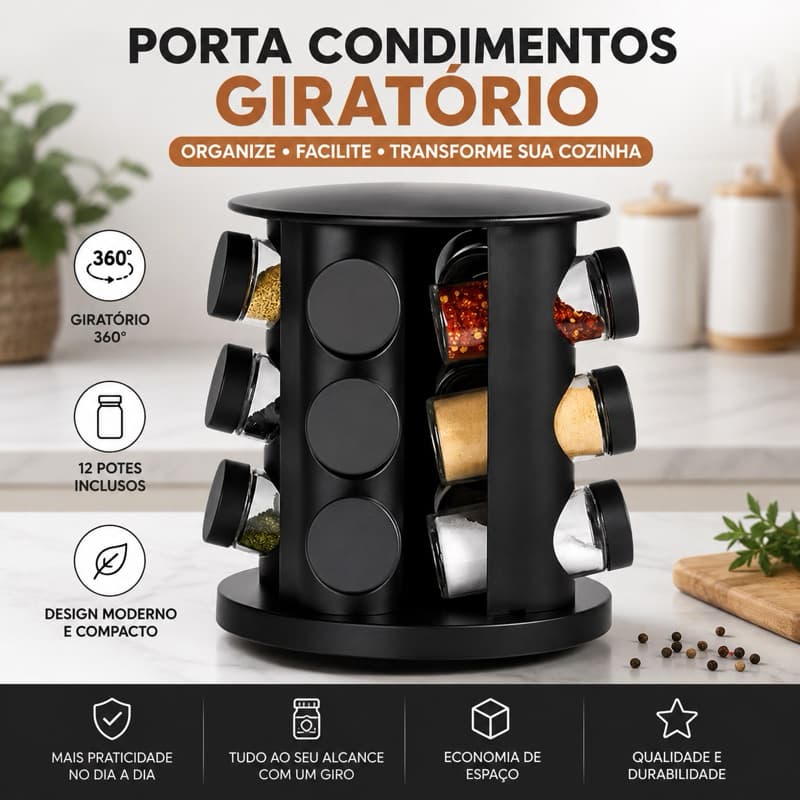 Porta Tempero Condimentos Giratório com 12 Potes de Vidro Preto 360 Graus com Tampa Dosadora c