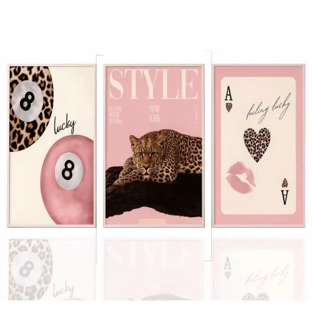 Quadros Decorativos Onça Rosa Fashion Kit 3 Peças Moderno para Quarto MDF 3mm